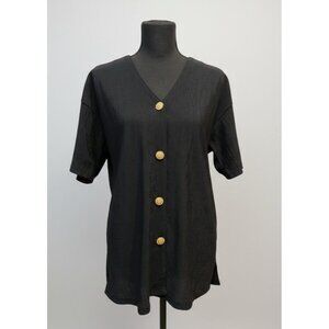 Vintage 80s Colon Textured V-Neck Top - Gold Floral Bedazzled Buttons - Small